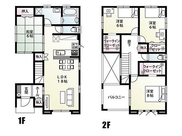 【4LDK】南面に窓があり、明るい18帖のLDKです! 水回りがコンパクトに配置され、家事動線がスムーズな間取りです。2階の2部屋にはウォークインクローゼットを設けましたので、たくさん収納できますね♪