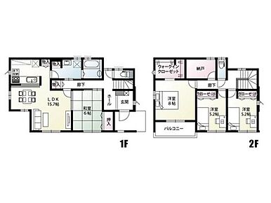 15.7帖のLDKは、6帖の和室と続き間になっています！キッチンからお風呂まで一直線で繋がっているので、家事動線がスムーズな間取りです♪3帖の納戸は、家族分の荷物をすっきり収納できます。 