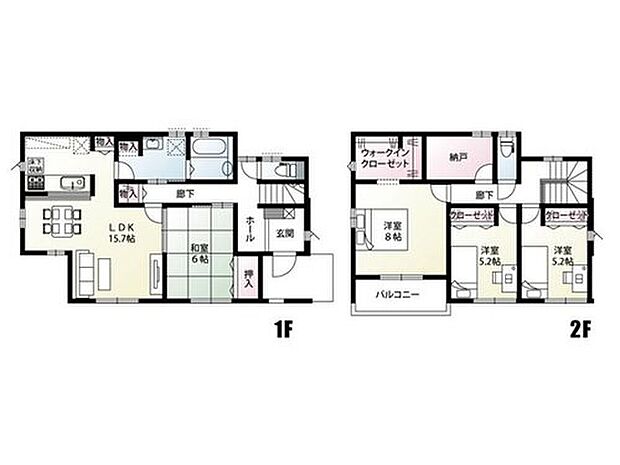 【4LDK+1S(納戸)】15.7帖のLDKは、6帖の和室と続き間になっています!キッチンからお風呂まで一直線で繋がっているので、家事動線がスムーズな間取りです♪3帖の納戸は、家族分の荷物をすっきり収納できます。