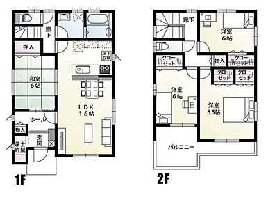 LDK16.0帖と続き間の和室6.0帖は、お子様の遊び場、お昼寝や来客時の応接スペースにも利用できますね。
土間収納やクローゼットなど、収納豊富な間取りです！ 