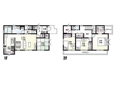 16.0帖のリビングと和室4.5帖は続き間となっているためお部屋を広く使えます！
キッチン横には、食品ストックの収納に便利なパントリー付き！
家族の収納スペース、２階の納戸は小窓付きで風通しもとれています。 