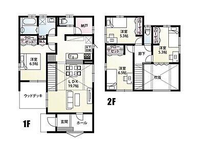 解放感のある吹抜け仕様のリビングが特徴的な間取りとなっております。納戸やクローゼットなど各居室に収納を完備！
南面に配置したウッドデッキでは、BBQやお子様のプールなども楽しめますね♪ 