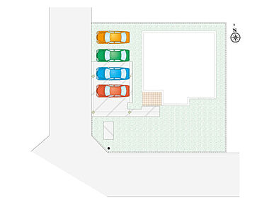 4号棟 区画図：駐車スペース4台確保。分譲住宅は外構設備付きです 