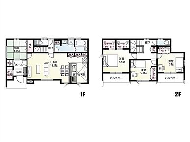 各居室の収納はもちろん、土間収納・LDK物入×3・洗面室収納・各階共用物入付き！主寝室にはウォークインクローゼットが2つ完備！収納豊富な1棟です。 