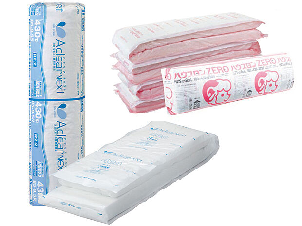 【【構造画像：高性能グラスウール】】断熱性能を高めることで、省エネで冷暖房効率の良い快適な暮らしを実現。シックハウス症候群の原因の一つともいわれているホルムアルデヒドを含まない材料を使用しています。