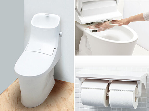 【【設備画像：ベーシアシャワートイレ（LIXIL）】】フチレス形状やお掃除リフトアップ機能などお手入れのしやすさが特徴。壁設置型のリモコンと２連紙巻き器が備え付けとなっている超節水タイプのシャワートイレです。