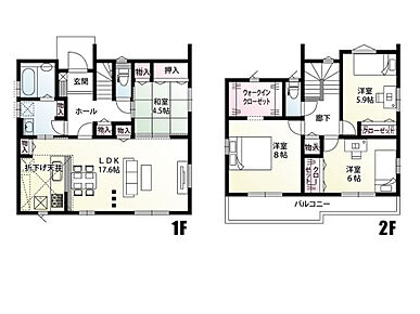 水廻りを集中させた間取りで、お料理やお洗濯など効率よく家事をしやすいように設計されています。ＬＤＫと続き間の和室はお子様の遊び場、お昼寝や来客時の応接スペースにも利用できますね。 