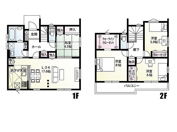 【4LDK】水廻りを集中させた間取りで、お料理やお洗濯など効率よく家事をしやすいように設計されています。LDKと続き間の和室はお子様の遊び場、お昼寝や来客時の応接スペースにも利用できますね。