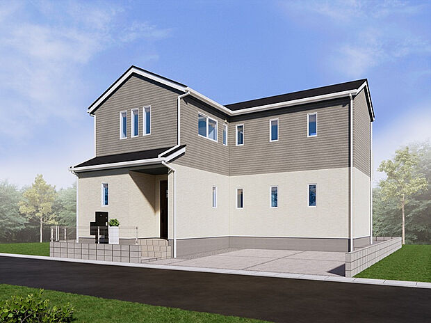 【【2号棟　完成イメージ】】２色の外壁を組み合わせたやわらかい印象の外観デザインです。三連の窓やホワイトのサッシがアクセントとなっております。