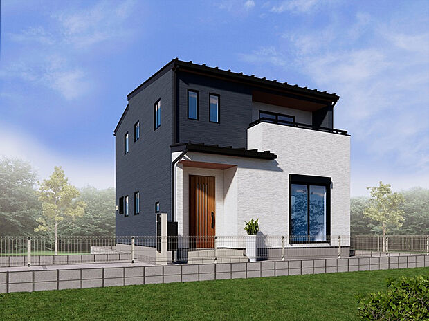 【【9号棟　完成イメージ】】落ち着いたカラーとモダンなデザインが魅力。ホワイトの外壁と玄関ドアのカラーがアクセントになっており、シンプルながらもお洒落な印象を与える外観です。