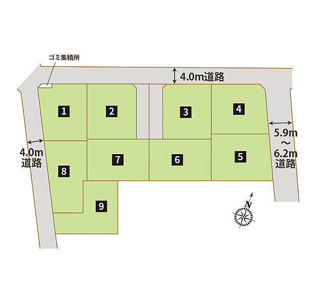 【【全体区画図】】全区画44坪以上の都市ガス・本下水エリア！
分譲地内にゴミ集積所もあります♪