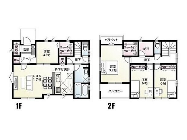 【4LDK＋1S(納戸)】全居室フローリングで2階には納戸もある4LDK＋1Sの間取です。1階洋室と2階主寝室はウォークインクローゼット付きとなっています！LDK広々17帖！2階の3部屋は南向きで陽当り良好♪