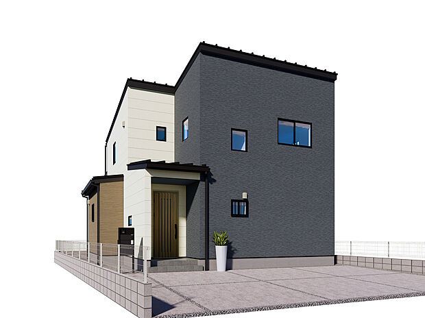 【8号棟　完成予想図】ホワイト×チャコールグレーの２色使いの外壁、インパクトのあるある外観です。