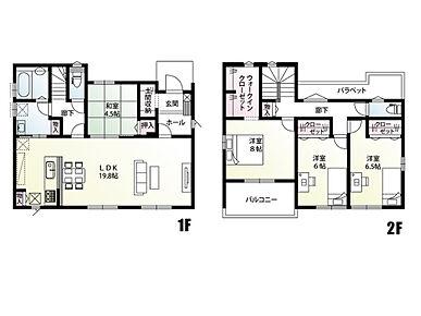 LDKは広々19.8帖！ご家族でゆったりお過ごしいただけます。2階は全居室南向きの間取りです！ 