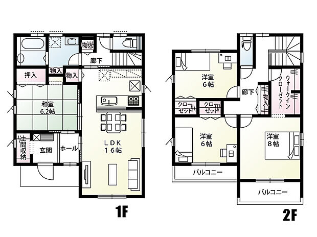 【4LDK】全居室に収納を設けた間取りです!洗面収納や廊下に設けた共有物入もあり用途に応じた収納が可能です♪