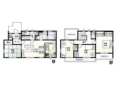 全居室南向き×6帖以上！リビングを通って階段を上がる設計で、自然と家族が顔を合わせられる間取り。コミュニケーションが増える工夫です。バルコニーが2ヵ所あります！ 