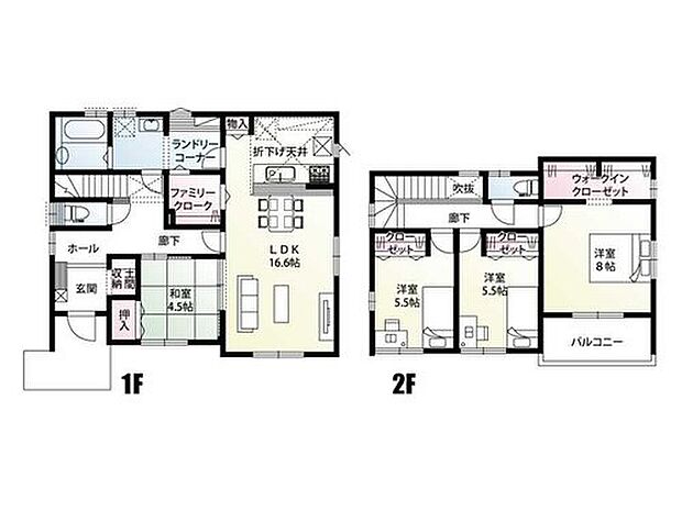 【4LDK】「洗う・干す・アイロンがけ・畳む・収納」が一カ所で完結するランドリーコーナー付き。共働きのご家庭にオススメのスペースです。水回りが一直線に配置された家事ラク動線プラン！1階にご家族のお洋服を一緒にしまえるファミリークロークがあります！