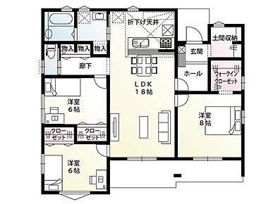水回りをまとめて配置した、家事効率の良い3LDKの間取りです！
土間収納やウォークインクローゼット、廊下や洗面室に物入など充実した収納も魅力◎
全居室6帖以上でゆったりとした暮らしを実現します♪ 