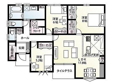 洗面室の近くにファミリークロークを配置し、家事効率と使い勝手に配慮した間取りプランです！
リビングとつながるタイルテラスは、家族でのんびり過ごせるアウトドアリビングとしてもお使いいただけます♪
 