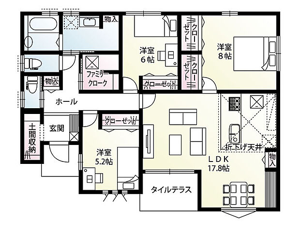 【3LDK】洗面室の近くにファミリークロークを配置し、家事効率と使い勝手に配慮した間取りプランです！
リビングとつながるタイルテラスは、家族でのんびり過ごせるアウトドアリビングとしてもお使いいただけます♪
