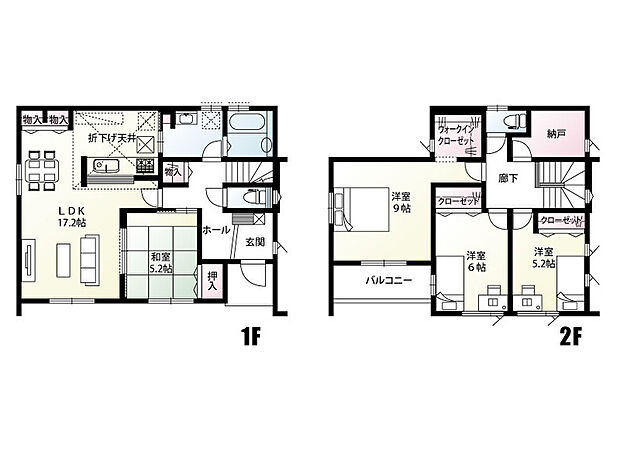 【4LDK＋1S(納戸)】 LDKは広々17.2帖♪キッチン横の大型パントリーが嬉しいですね！全居室南向きで陽当たり良好。納戸もあり収納豊富です！