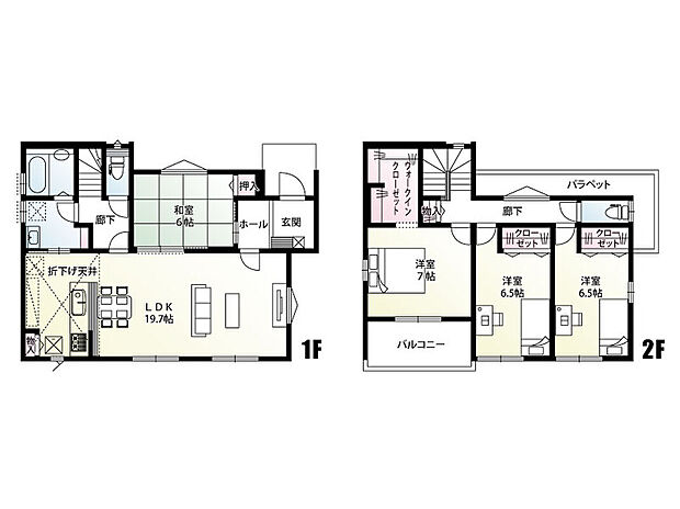 【4LDK】ご家族の団らんにぴったりなLDKは19.7帖♪キッチン～洗面室～浴室が直線で行き来できる家事導線が良好なお家です。