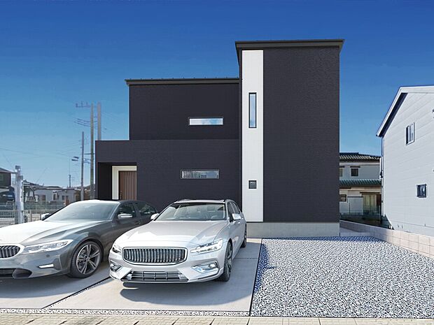 【【6号棟　外観完成イメージ】】ブラックの中にホワイトを印象強く部分的に使用している外観です。※現地写真に完成イメージ画像を合成したものです