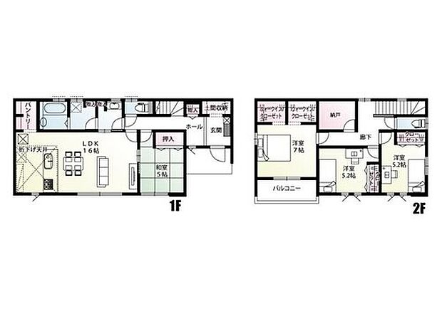 【4LDK+1S(納戸)】洗面と脱衣が分かれたプライベートが確保できる間取りです!
キッチンには折下げ天井とフルフラットキッチンを採用し、空間にメリハリを与えています。
LDKとホールのどちらからでも出入り可能な和室は、お子様のお昼寝スペースや客間としても使用できる便利な一室◎