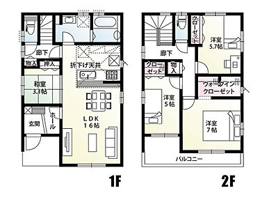 水回りをコンパクトにまとめた家事効率の良い4LDKの間取りです！家族が自然と顔を合わせ、コミュニケーションを育むリビングスルー階段採用♪
リビングと続き間の3.1帖和室は、お子様のお昼寝スペースや客間としても使用できる便利な一室です◎
 