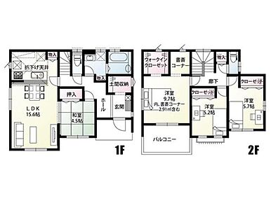 全室南向きの4LDK。２階の主寝室には約1.76帖の書斎コーナーとウォークインクローゼットを設けました。リモートワークや趣味のスペースとして活用できます。 