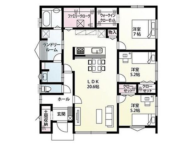 【3LDK】広々とした20.6帖のLDKから、洋室3部屋がつながる3LDKの間取りです。いつもでも家族の気配を感じ、自然とコミュニケーションを育みます。ランドリールームやファミリークロークなど、日々の家事が楽になる工夫が凝らされています。