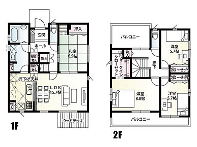 水回りを回遊できる家事効率の良い間取りです！
6.5帖と広めの和室は、お子様のお昼寝スペースや客間としても使用できる便利な一室◎
リビングから庭に続くウッドデッキは、室内と屋外をゆるやかにつなぎ、開放感のある暮らしを演出します。
2面バルコニーで採光・通風良好です♪

 