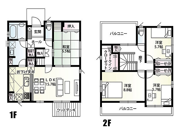 【4LDK】水回りを回遊できる家事効率の良い間取りです！
6.5帖と広めの和室は、お子様のお昼寝スペースや客間としても使用できる便利な一室◎
リビングから庭に続くウッドデッキは、室内と屋外をゆるやかにつなぎ、開放感のある暮らしを演出します。
2面バルコニーで採光・通風良好です♪

