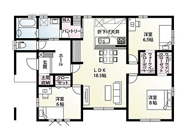 土間収納やパントリー、ウォークインクローゼットを2か所備えた収納豊富な間取り！広々18.5帖のLDKにはカウンターコーナー付き。お子様のスタディースペースに最適です◎
全居室6帖以上で、プライベート空間もゆったりとお使いいただけます♪ 