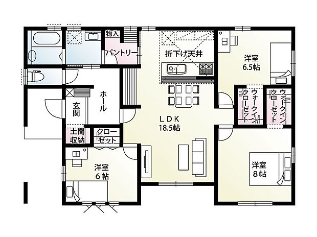 【3LDK】土間収納やパントリー、ウォークインクローゼットを2か所備えた収納豊富な間取り！広々18.5帖のLDKにはカウンターコーナー付き。お子様のスタディースペースに最適です◎
全居室6帖以上で、プライベート空間もゆったりとお使いいただけます♪