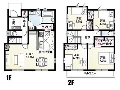 回遊動線で家事効率アップ！LDKにはスタディカウンターつき！2階に4部屋確保した間取りで、一人ひとりの個室や書斎、趣味部屋など、ご家族構成に合わせて、快適にご使用いただけます。 
