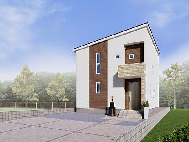 【【8号棟 建物外観イメージパース】】淡い色合いの張り分けが、温かく安心感のある外観デザインに仕上げています。外観デザインはシンプルで長く住んでも飽きの来ない一邸です。