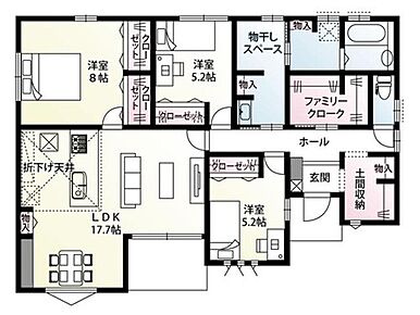 玄関近くの土間収納や大型のファミリークロークなど、豊富な収納力でお部屋はいつでもスッキリ。家事動線にも配慮された、家族みんなが快適に暮らせる間取りです。 