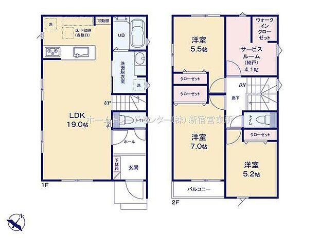 【3LDK+S(納戸)】19帖リビングには人気のカウンターキッチンを採用♪水回り集中設計で家事もラクラク!