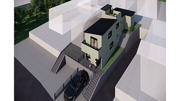 【A号地 鳥瞰図】●土地面積178.22m2(53.91坪)●建物/床面積127.63m2(38.60坪)
建物価格3080万円(税込み)外構費135万円(税込み)