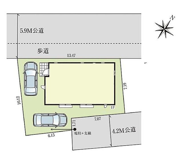 ☆全体区画図☆
カースペース2台可能です。
陽光溢れる南東4.2m+北西5.9mの2方の公道に面した開放的な邸宅!