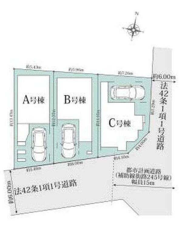 ☆全体区画図☆
ビルトイン車庫ございます。
南面道路接道のため資産価値も高まります♪
前面道路広々6ｍ！車庫入れが苦手な方でもスイスイ楽々♪