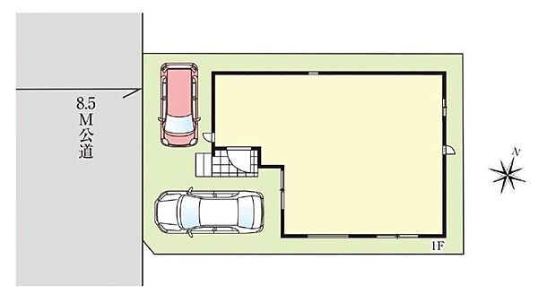 ☆全体区画図☆
カースペース２台可能です。
南西側8.5ｍ公道に面し、開放感がございます。