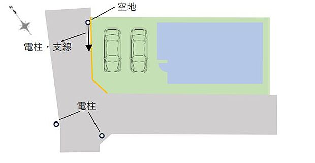 ☆区画図☆
カースペース２台分ございますので、家族分の自転車を駐輪したり、来客用の駐車スペースとしてもお使いいただけます。
カースペースを広く確保したので、愛車のお手入れもしやすくなっております。