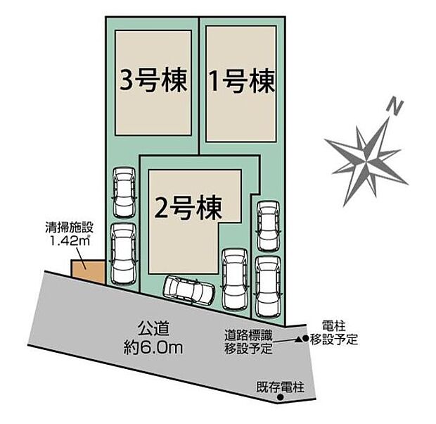 ☆全体区画図☆
カースペースは車種により２台分をご用意♪
南道路に面していて採光良好☆
広々とした敷地にゆったりとお住まいいただけます。