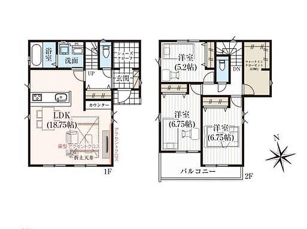 建物プラン例(1区画)3LDK、土地価格4438万円、土地面積93.64m2、建物価格1760万円、建物面積98.53m2