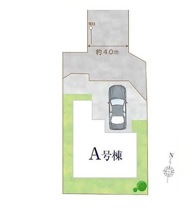 北側約4.0mの私道に接し、旗竿状のアプローチを経て駐車1台スペースと建物周囲にゆとりのある庭を確保。日々の暮らしに安らぎをもたらす落ち着いた住環境です。