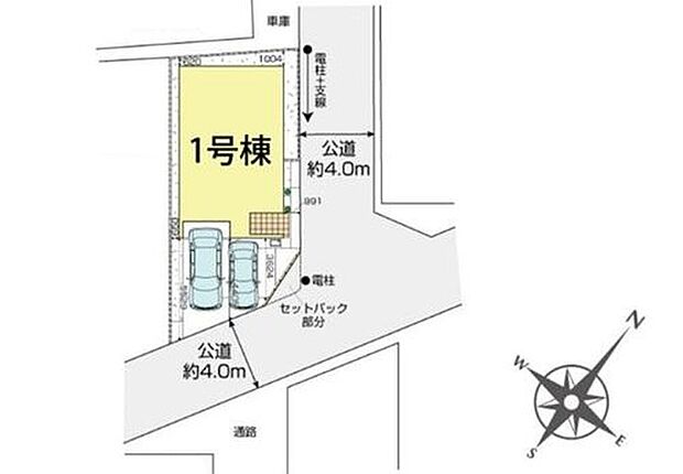 ☆全体区画図☆
カースペース２台分ございます。（うち小型車1台）
角地のため、陽当り・通風共に良好です♪