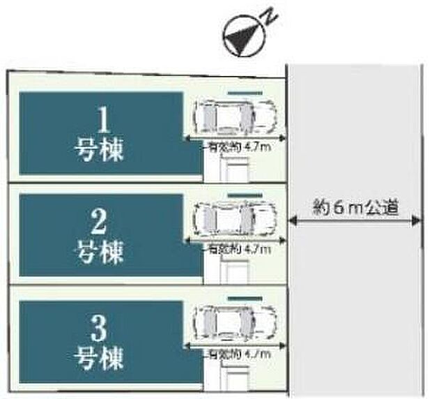 【全体区画図】ビルトイン車庫ござます。
前面道路広々6m!車庫入れが苦手な方でもスイスイ楽々♪