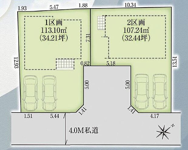 【☆全体区画図☆】カースペース2台可能です。
南東道路に面し、陽当り良好です♪